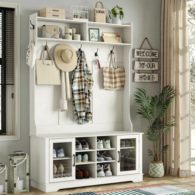 

47-Inch versatile design coat rack with bench and shoe cabinet 2 glass cabinet doors open for storage