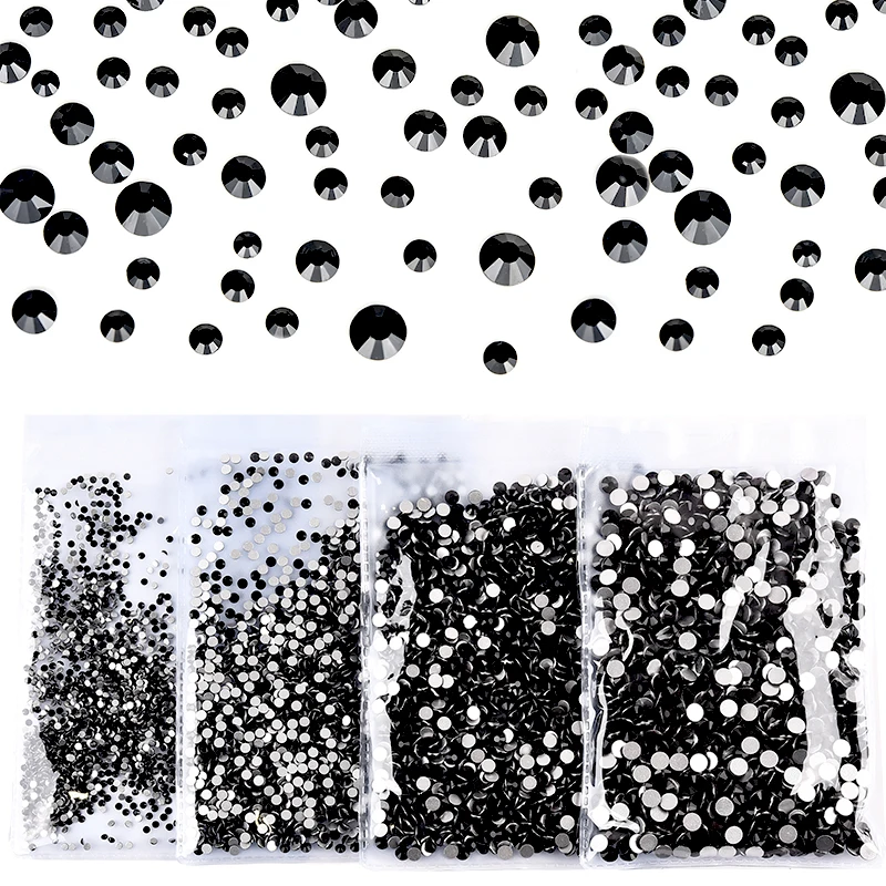 Strass de cristal negro para decoración de uñas, pegamento Jet con parte posterior plana en piedras, diamantes de imitación sin fijación por calor para decoración de uñas