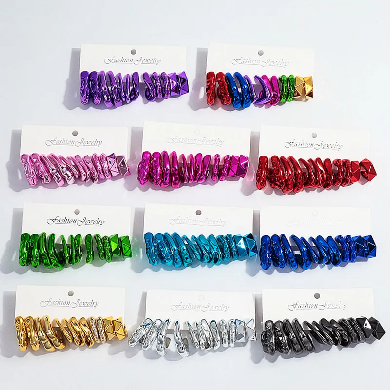 6pair/set Acrylic Irregular Circle Hoop Earrings for Women Girls Geometric Metallic Color C Shape Earrings 2024 Fashion Jewelry