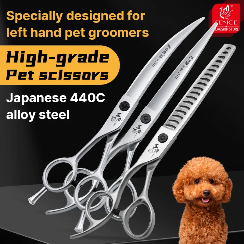 Fenice 7.0 7.5 Inch Professional Left Handed Shears JP440C Pet Grooming 35° Super Curved&Cutting Scissors Dog Grooming Equipment