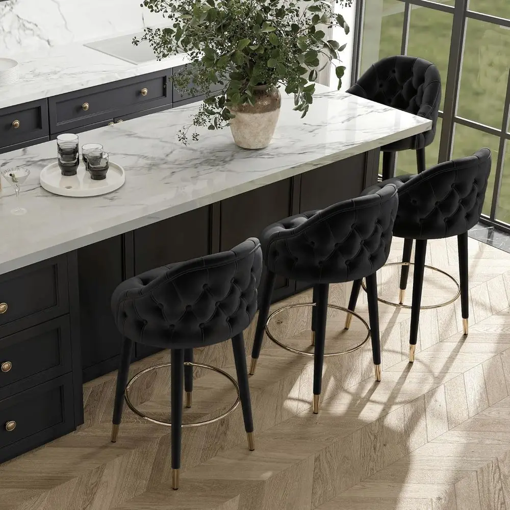 

Set of 4 Black Upholstered Tufting Bar Stools, 26 High, Gold Footrest, Faux Leather Legs, for Kitchen Island or Dining Room