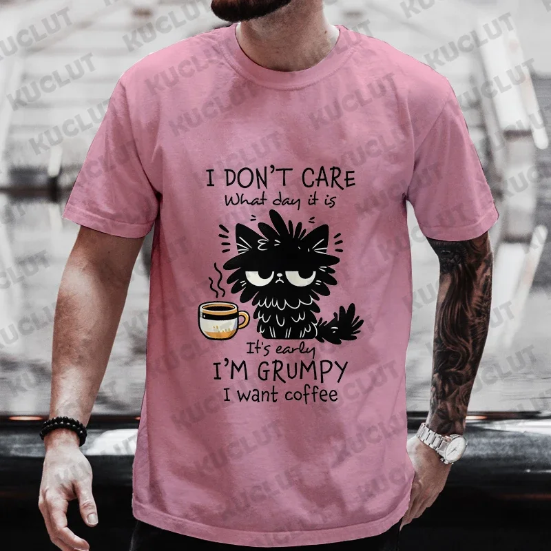 I Want Coffee Men T-Shirt Funny Black Cat Graphic Y2k Tops Short Sleeve Tees Streetwear Oversized Tshirt Cool Gift Mens Clothing