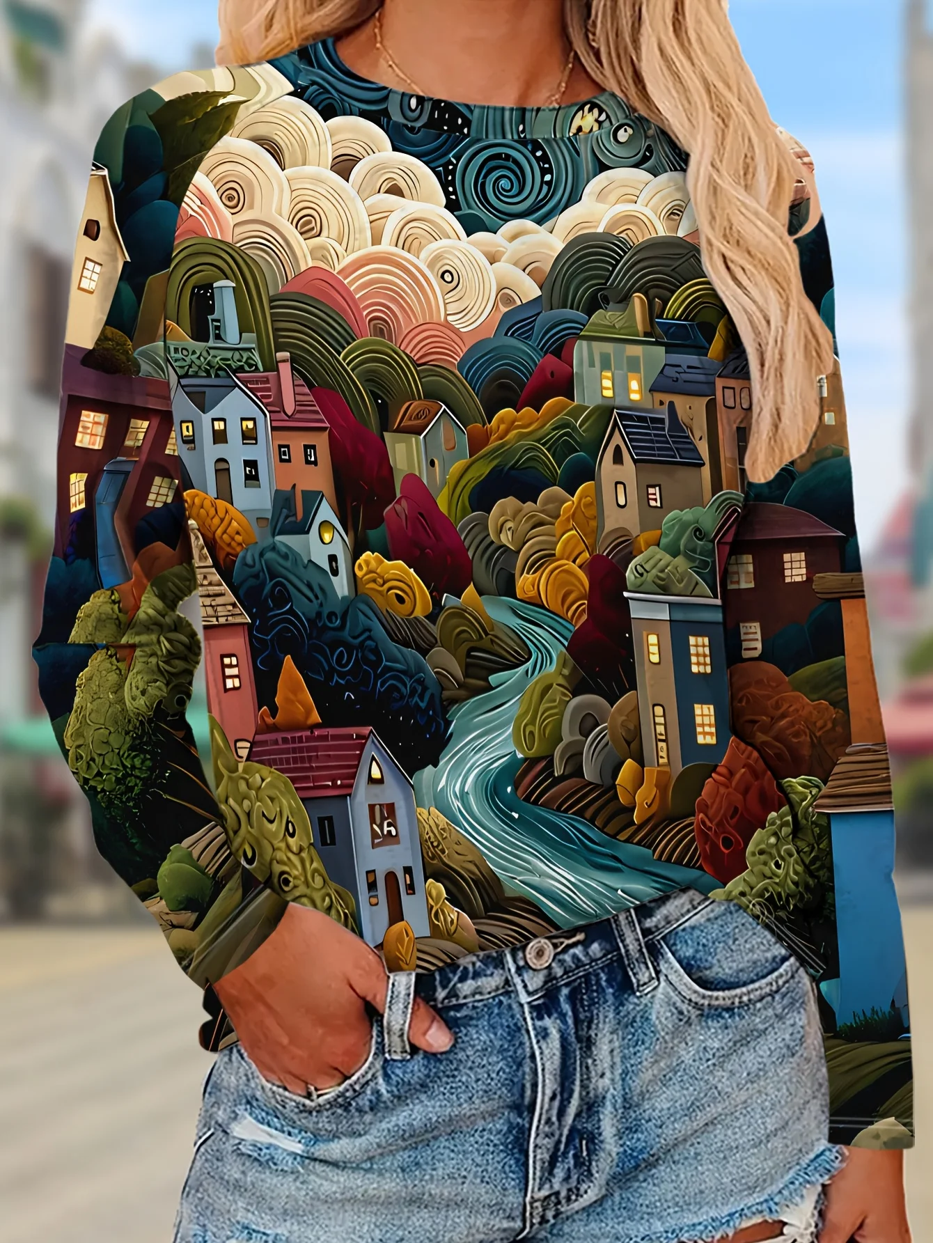 Women's Long Sleeve T-Shirt, Colorful Artistic Village Landscape Print With Houses Trees And River, All-Winter Holiday Style Top Suitable For Leisure And Sports Scenarios