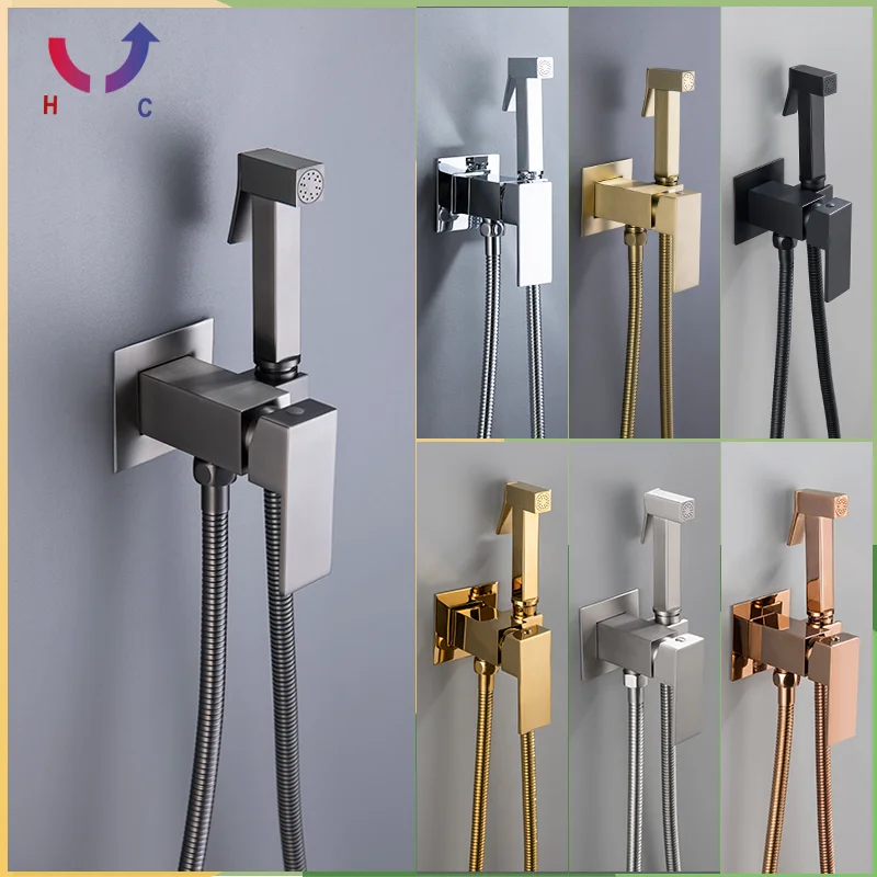 Brushed Gold Bidet Faucet Brass Shower Faucet Washing Faucet Hot and Cold Mixer Crane Square Shower Spray Head Faucet Set