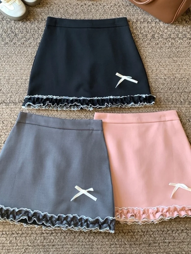 Sweet Spicy  Knot High Waist Woolen  Skirt Women's Spring Autumn Slimming Hip Covering Short A-Line Skirt