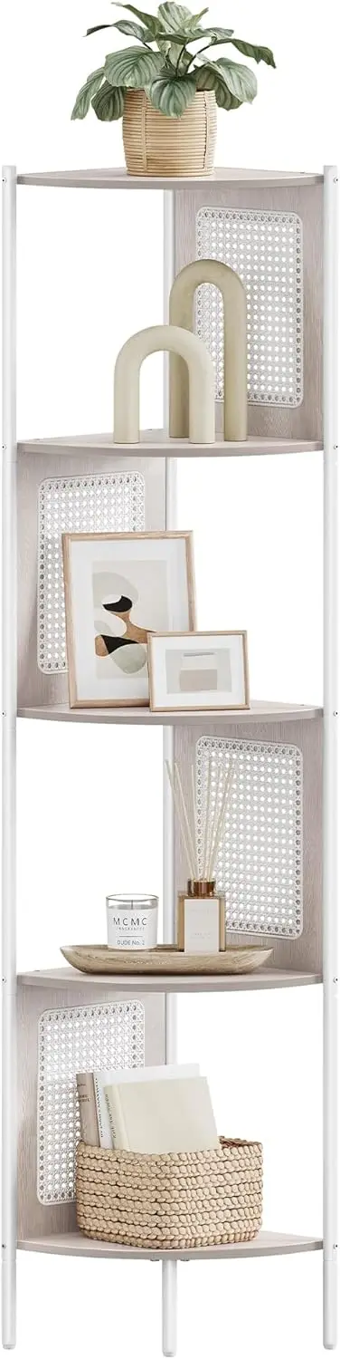 

5-Tier Corner Shelf Stand, Boho Corner Bookshelf with Polyrattan Sides, Plant Stand for Living Room Bedroom Study Kitchen