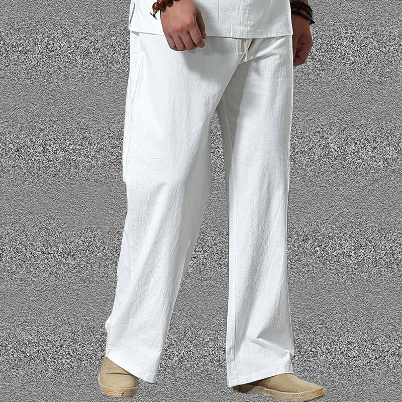 Calças tamanho grande verão algodão masculino alto tamanhos grandes perna larga calça de linho oversized jogger masculino plus size calças soltas