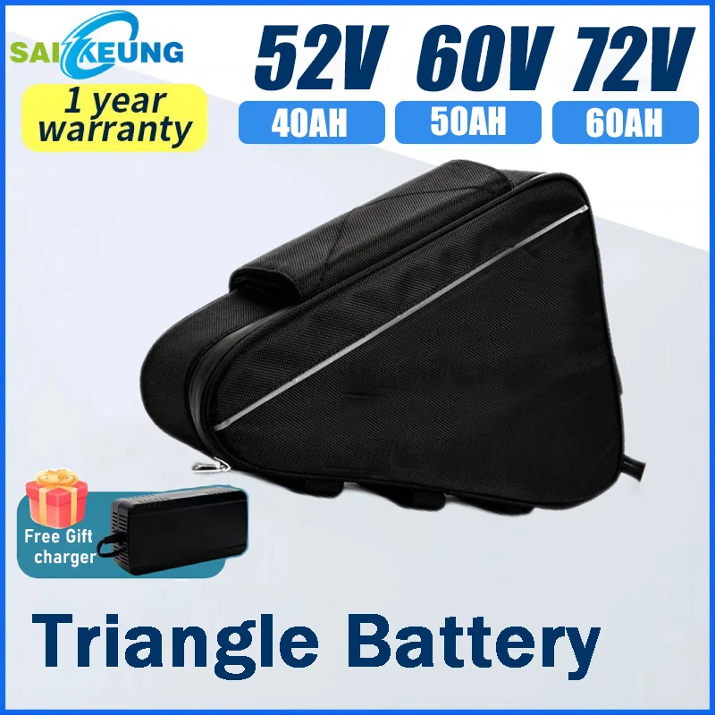 Triangle Battery 36v 48v 52v 60v 72v 20ah 24ah 30ah 40ah 50ah 60ah Huge Capacity 3000W Ebike 18650 Lithium Battery with Charger