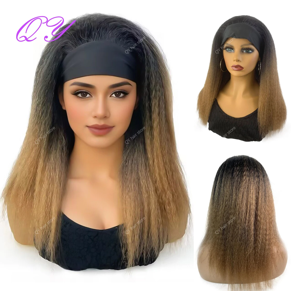 Synthetic Wig African Women Yaki Straight Headband Wigs  brownish #4 Medium Length Hairstyle Women\'s Wig Daily Ladies Turban Wig