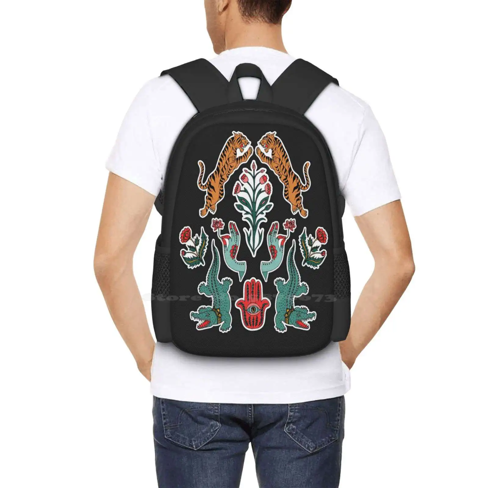 Indian Inspiration Pattern Design Bagpack School Bags Indian Tiger Boho Alligator Ethnic Flower Lamp Snake Yoga Patch Hand Hamsa