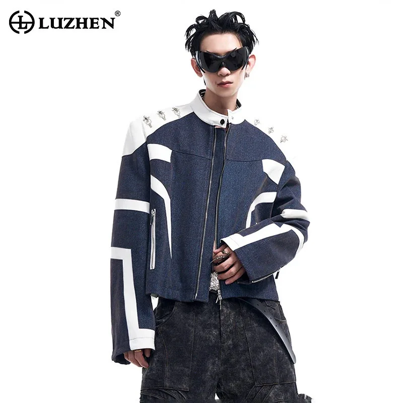 

LUZHEN Short Denim Jacket Metal Airplane Buckle Patchwork Leather Color Contrast Design Trendy Elegant Male Outerwear LZ5654