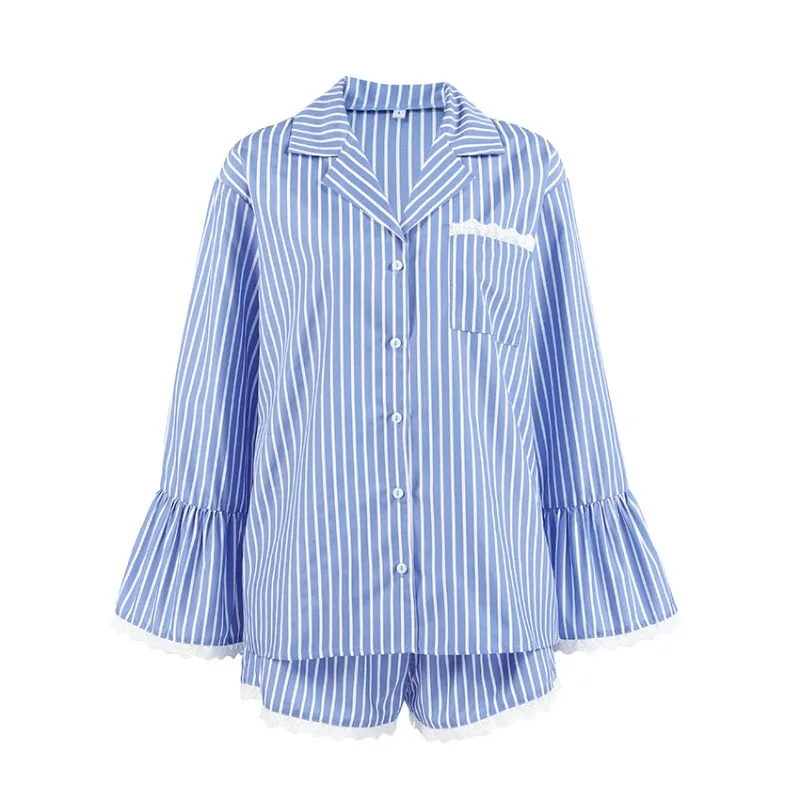 Striped Printed Lace Fringed Long-sleeved Short-sleeved Pajama Women's Set Cross-border Autumn New Home Wear Can Be Worn Outside