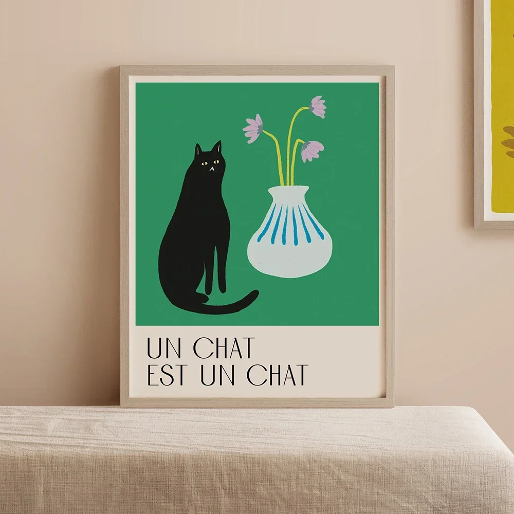 Gato negro francés y flores, arte de pared rosa, verde y azul, lienzo impreso minimalista, póster para sala de estar, decoración moderna del hogar