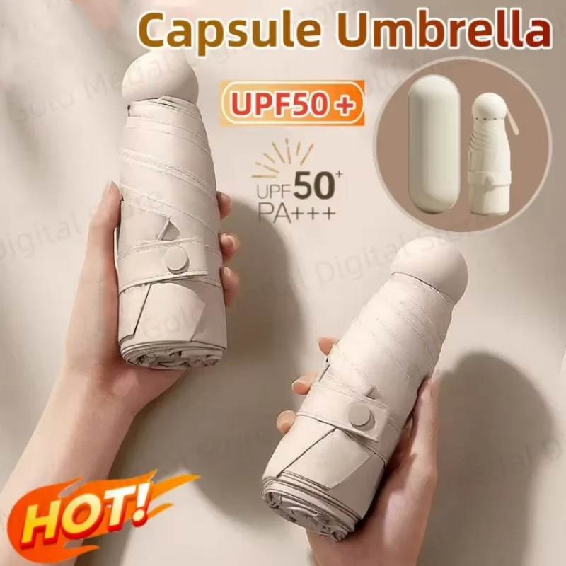 Capsule Umbrella Sunscreen Rain Umbrella Black Rubber Alloy Handle Foldable  Mini Portable  Sun Rain Dual Use Umbrella