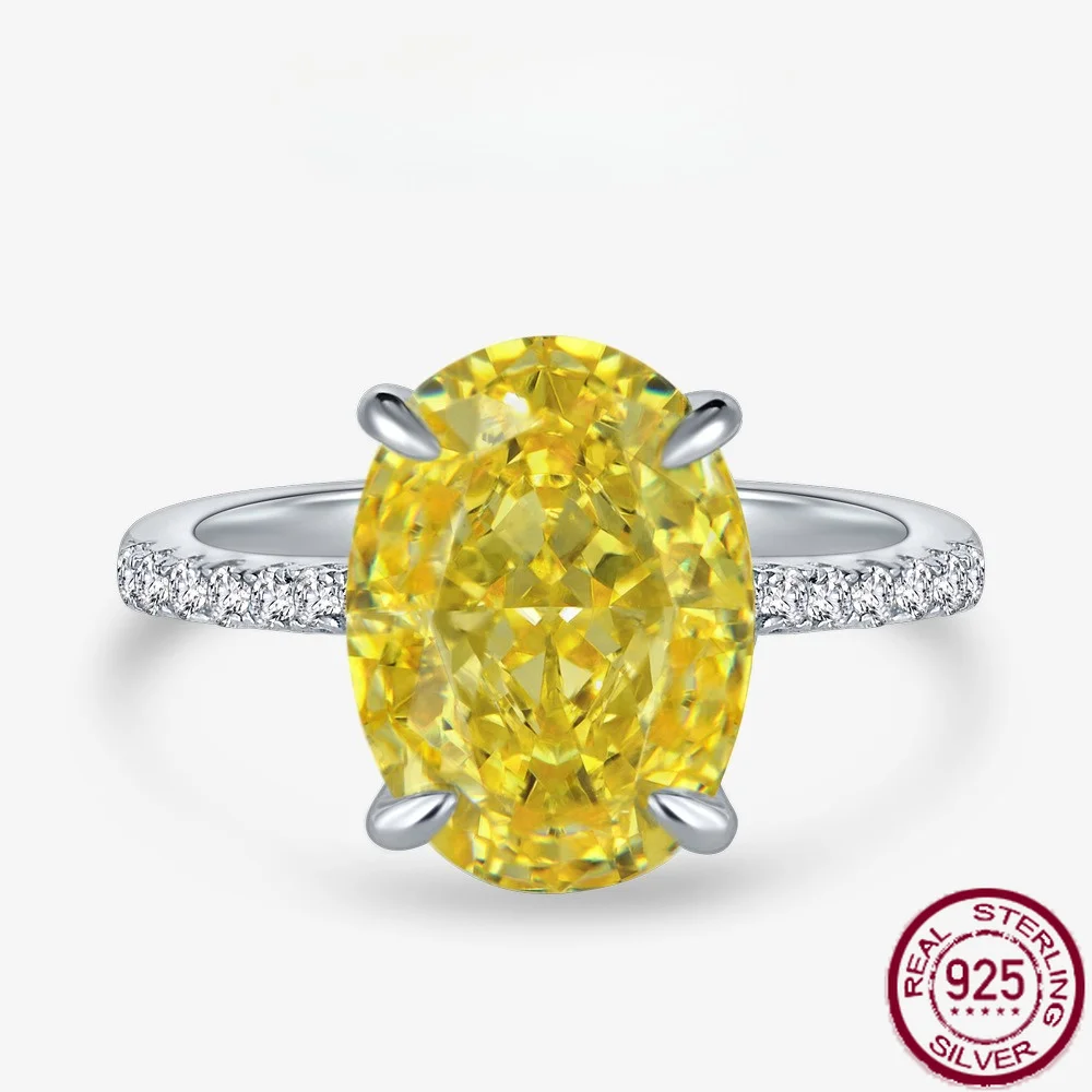 New S925 Silver Brilliant Yellow High Carbon Diamond Ring Set with 9 * 13 Light Luxury Women's Ring Engagement Jewelry