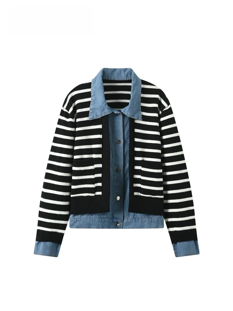 

Джинсовая лоскутная одежда больших размеров Long Sve Jaet, женская осенняя полосатая цветная блузка, искусственный топ из двух предметов, повседневная удобная верхняя одежда