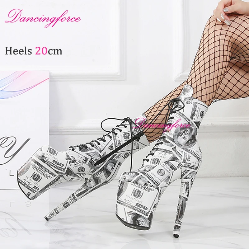 20cm/8Inch Sexy Dollar Print Stripper Platform Pole Dance Ankle Boots Round Toe Short Boots Thin Heels Fetish Shoes Women