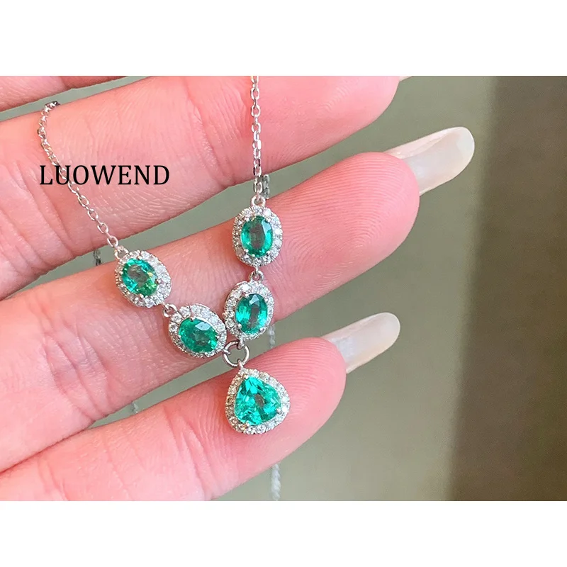 

LUOWEND 100% 18-каратное белое золото ожерелье романтический стиль блестящий бриллиант натуральный изумруд ожерелье для женщин высокие свадебные украшения