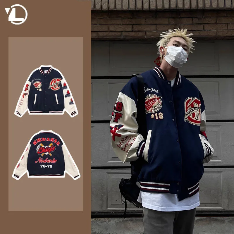 Korean College Mens Baseball Jacket 2024 New Pattern Flocking Embroidered Patchwork Coat Punk Harajuku Motorcycle Outwear Y2k