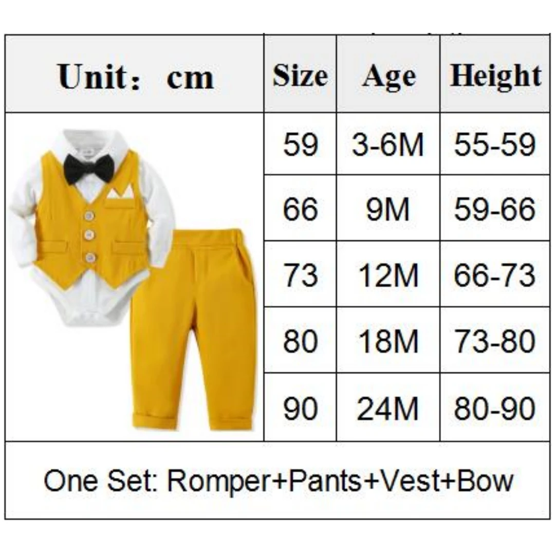 Spring Vest Suit Infant Boy Gentleman Long Sleeve Romper Pant Set Baby 3 6 9 12 18 24M Birthday Party Costume Newborn Clothes