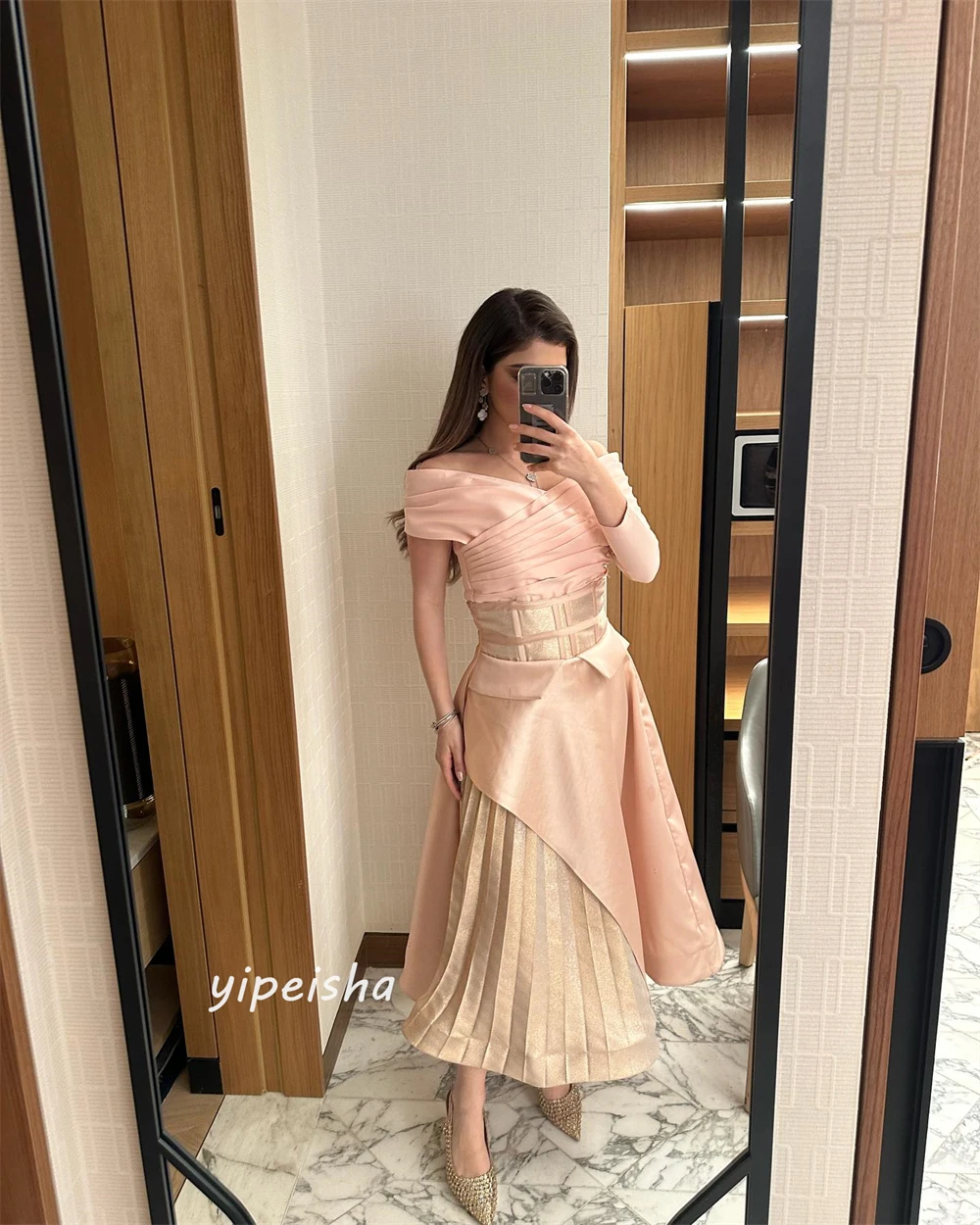 Ball Dress Saudi Arabia Prom Satin Pleat Quinceanera A-line Off-the-shoulder Bespoke Occasion Gown Midi Dresses