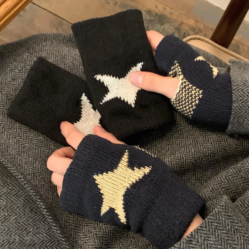 Guantes de lana de punto Punk Y2K para hombre y mujer, manopla suave y cálida de medio dedo, estrella de cinco puntas, pentagrama, a la moda