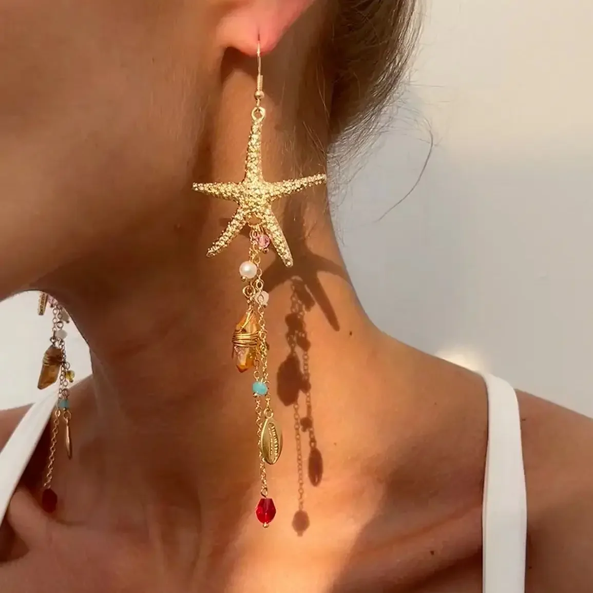 Ingemark Boho Starfish Jellyfish Imitation Pearls Crystal Long Tassels Earrings Women Trendy Piercing Drop Earrings Y2K Jewelry