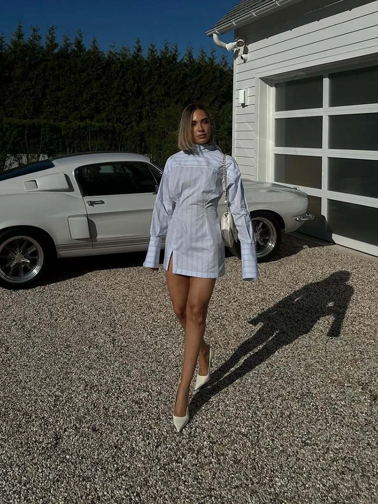 Robe chemise à rayures bleues, tempérament élégant, nœud papillon, ceinture flottante, taille haute, Slim, manches longues, pour femmes, nouvelle collection automne 2025