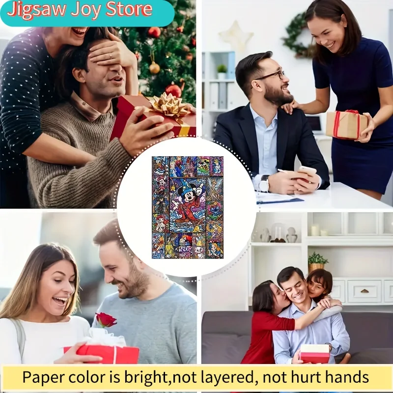 유리 그림 스타일의 만화 캐릭터가 있는 1000피스 퍼즐, 미키 마우스, 스티치, 곰돌이 푸, 그리고 디가 포함되어 있습니다.