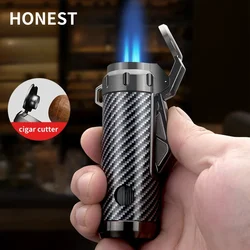 HONEST Zinc Alloy Windproof Three Jet Flame Butane Gas Lighter Visible Gas Window Hidden Cigar Knife Cigar Lighters Smoking Gift