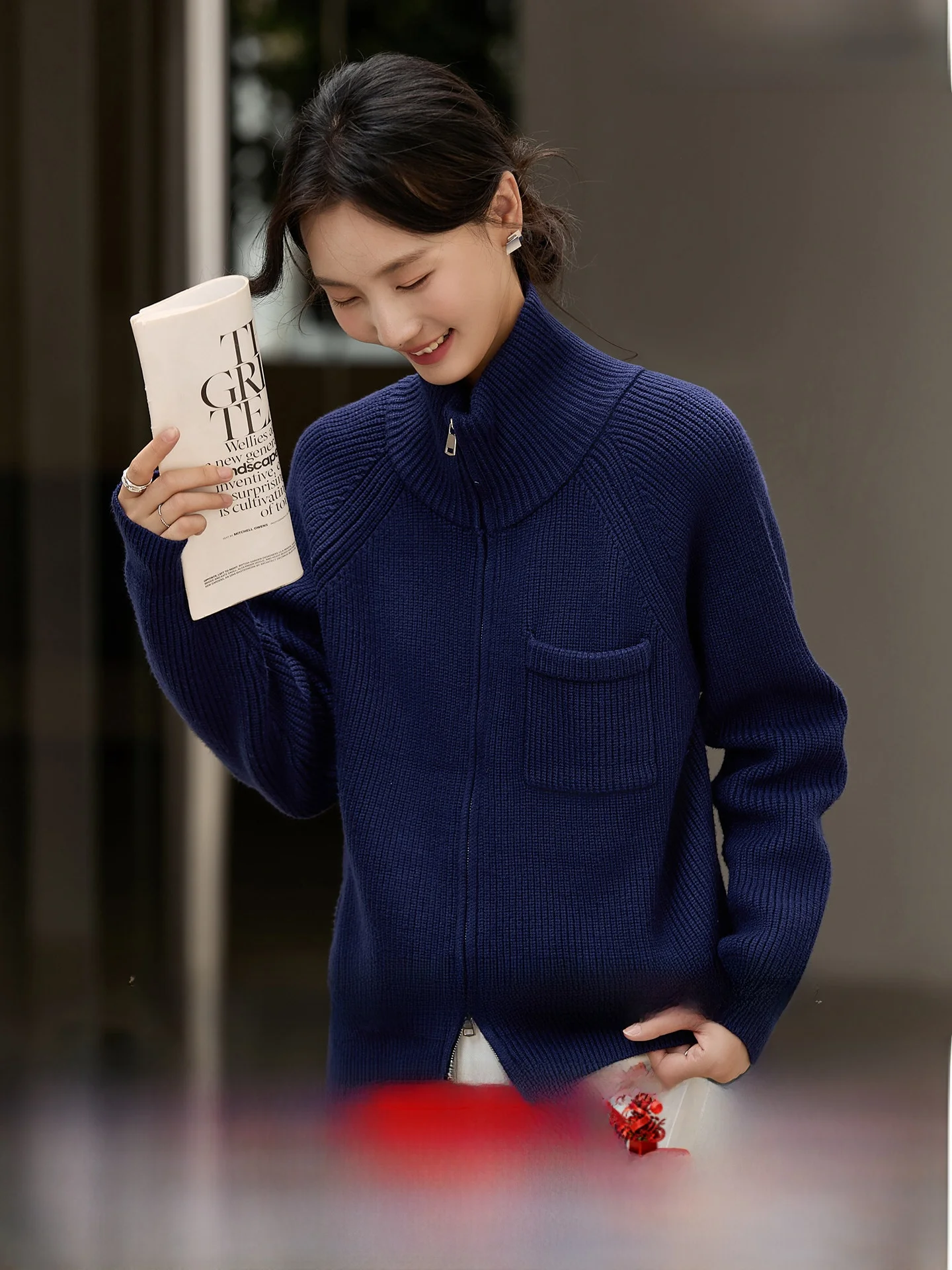 

Women's High Collar Zipper Knitted Open Cardigan Loose Fit Winter Sweater Jaet Comfortable Long Sve mid Length Top