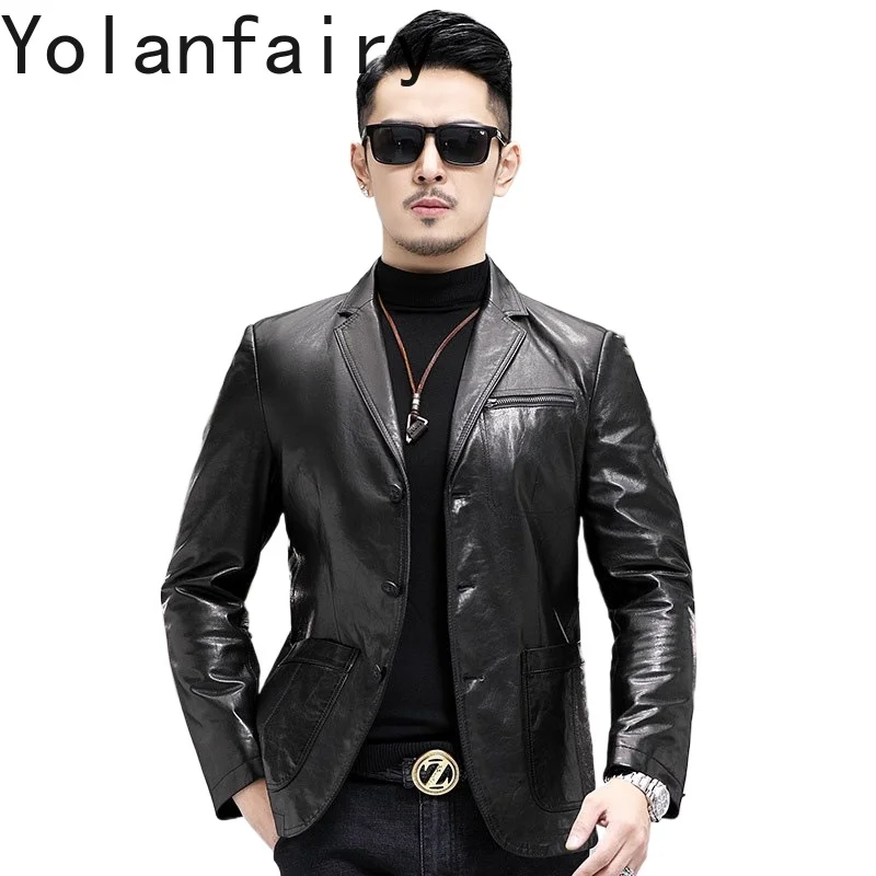 YOLANFAIRY Genuine Leather Goat Skin Mens Jacket Spring Summer Short Coats Black Men's Clothing Fit Suit Blaisers Para Hombre