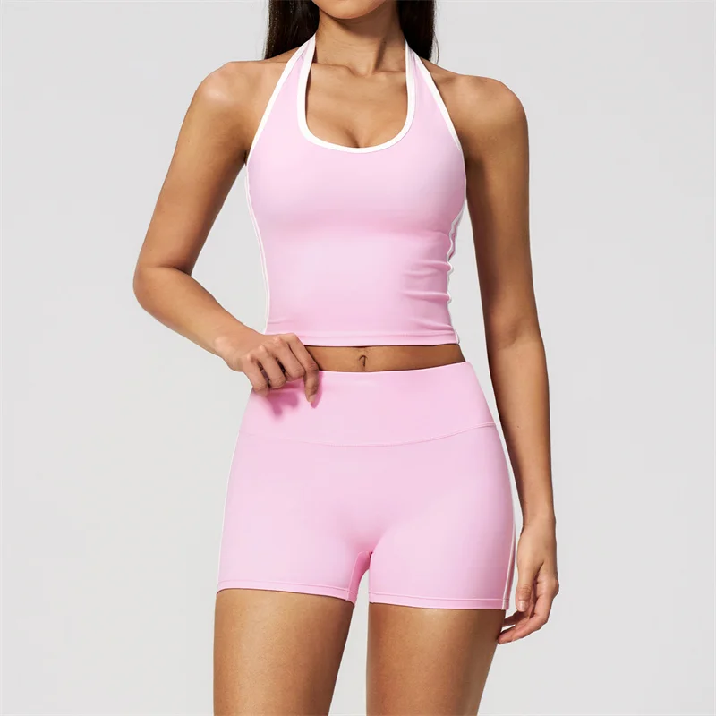 TRY TO BN 2 Piece Gym Sets Yoga Halter Neck Sports Top Contrasting Color Short Women's Tracksuit Fitness Running Workout Clothes