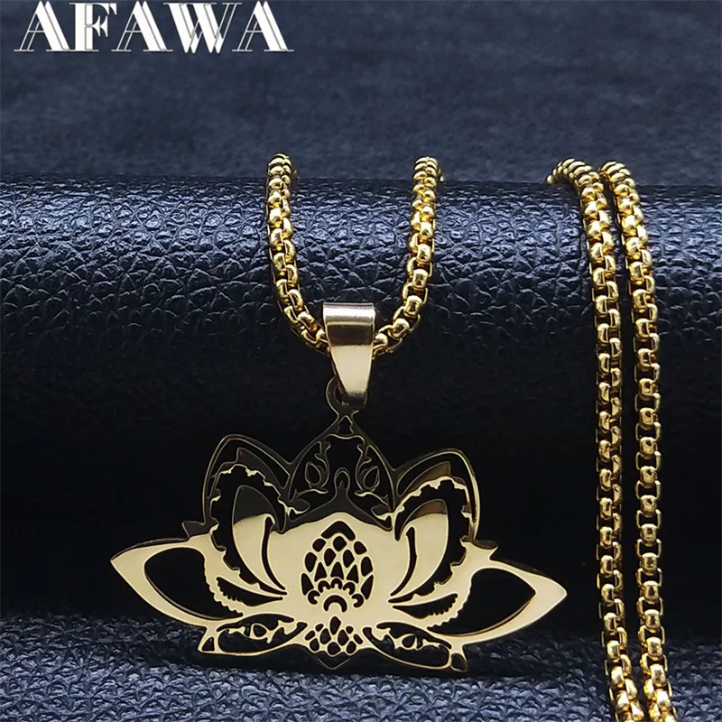 Yoga Lotus Flower Chakra Necklace Gold Color Buddhist Symbol Necklaces Lucky Amulet Spiritual Jewelry colier femmes N3386S02