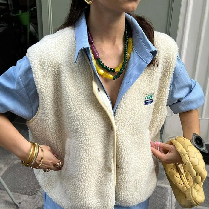 

Faionable Lamb Velvet Vest Top Women's Jaet Waistcoat Street Sle Cotton Blend Medium Warmth Single Button Closure