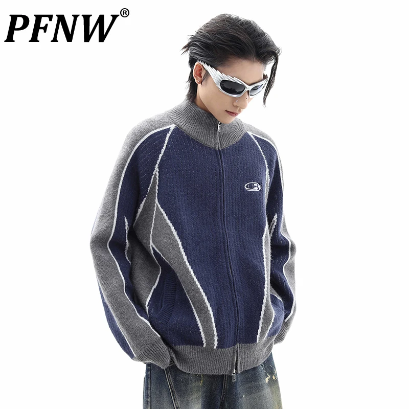 PFNW Niche Deconstructed Half Turtleneck Slim Sweater Men's Winter Cardigan Zipper Design Colorblock Spliced Knitwear 12C1983