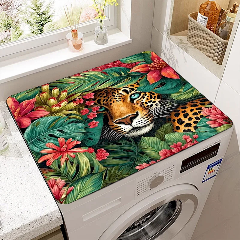 VIKAMA Washing Machine Top Cover Dust Pad, Jungle Leopard Tropical Plant Water Absorbing Anti Slip Pad, Dryer Home Decoration