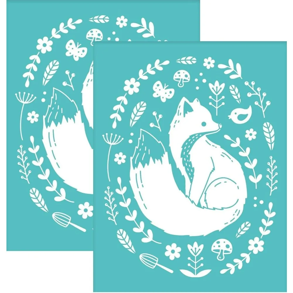 2Pcs Self-Adhesive Silk Screen Printing Stencil Autumn Fox Theme Silk Screen Stencil Reusable Mesh Transfers Stencil