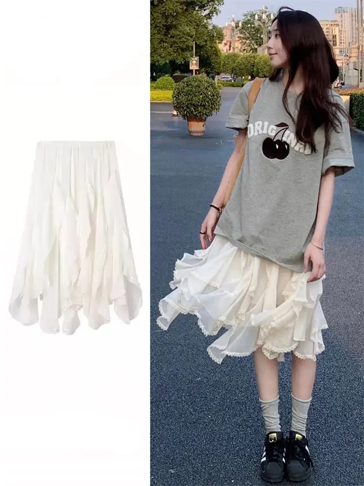 White Irregular Lace Skirt Half-length Women's Beautiful Spring Summer Dressy Hanging Long Skirt Korean Style High Waist A-line