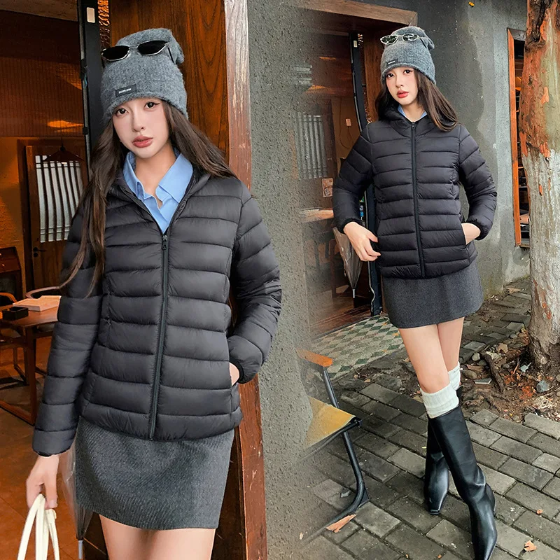 سترة نسائية مبطنة بلون سادة من القطن بسحاب كامل سترة شتوية خفيفة الوزن بغطاء للرأس بسيطة ومتعددة الاستخدامات معطف مبطن من القطن #6