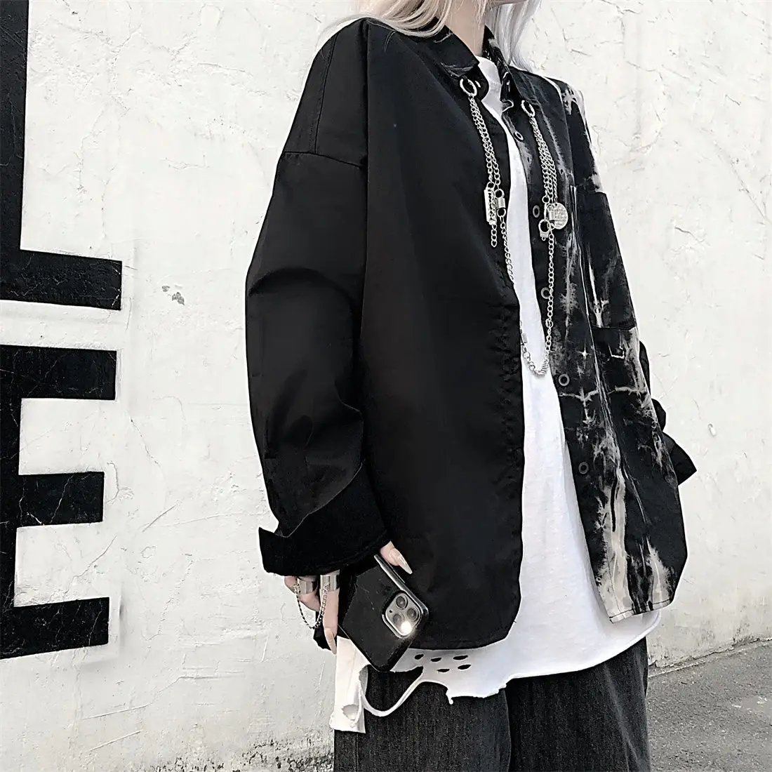 Tie Dye Long Sleeve Button Up Blouse with Chain for Women Ladies Goth Gothic Shirt Clothes Cardigan Alt Emo Clothing