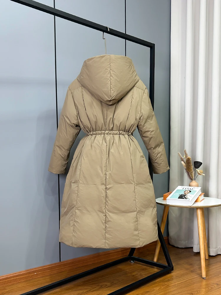 2023 Winter New Large Waist Down Coat for Women Mid Length Windproof Hood Thickened Warm Single Breasted White Duck Down Coat