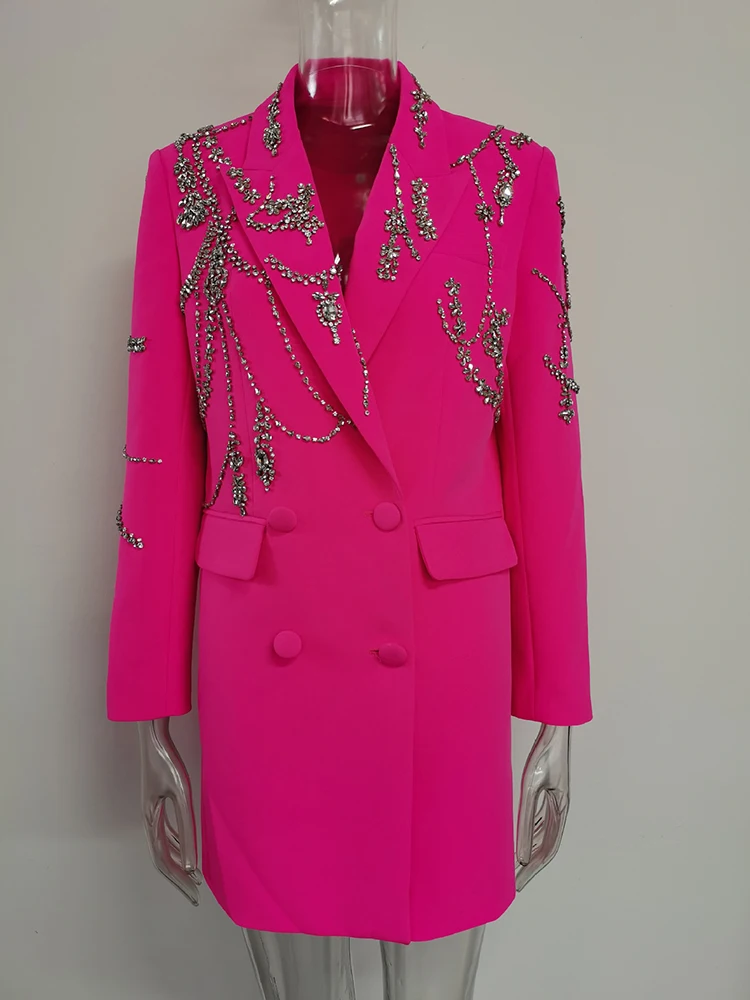 Festival Outfits with Diamonds Outfit Blazer Handmade Long Blazer Dress Jacket Double Breasted Button Hot Pink Dress Suit Women