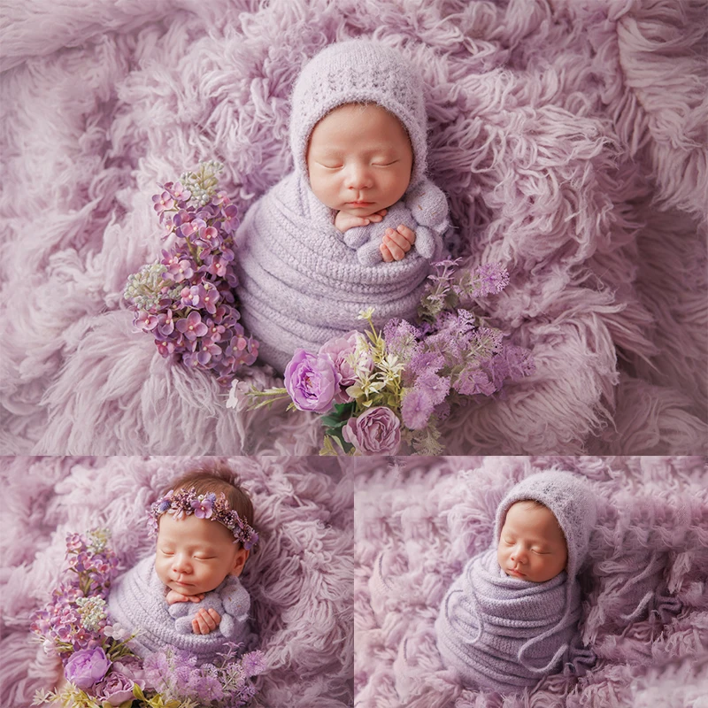 Newborn Photography Accessories Baby Photo Knit Hat Wool Wrap Prop Baby Shooting Background Purple Theme Artificial Flower Props