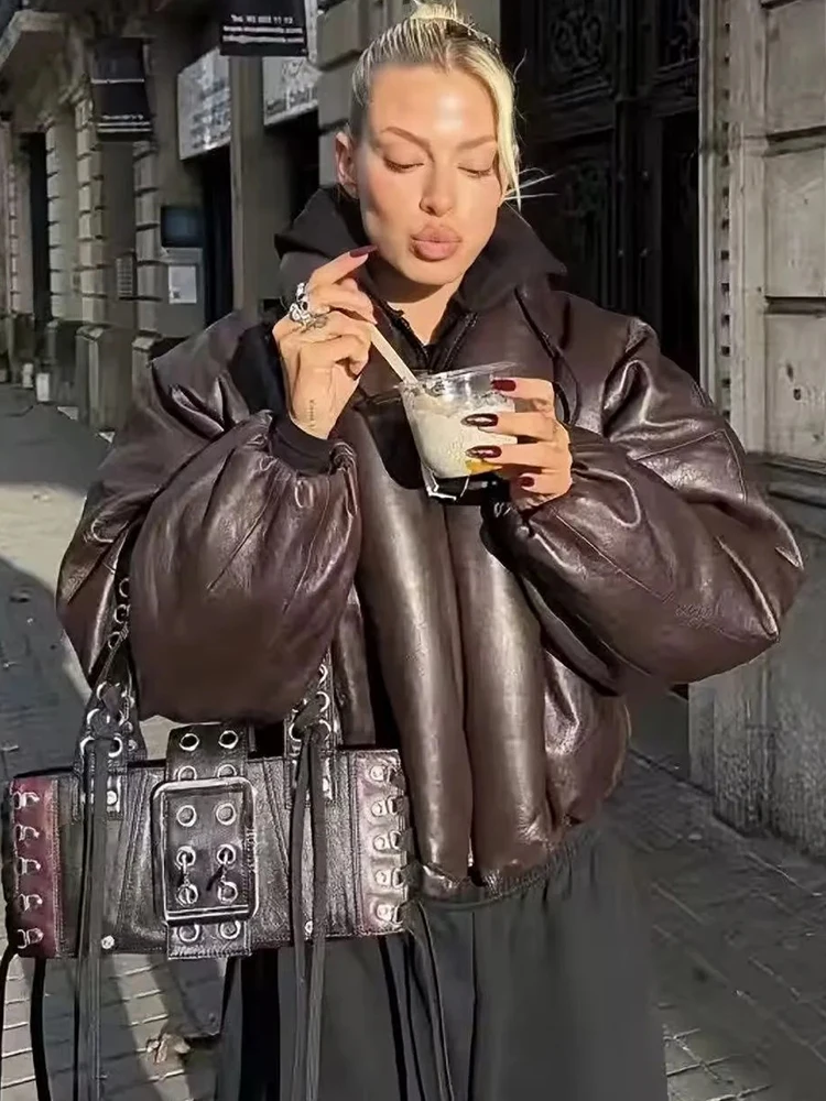 

Women New Vintage Leather Jackets With Pockets Women's Stylish Full Sleeves Turn-down Collar Coats Autumn Winter Ladies Outwear