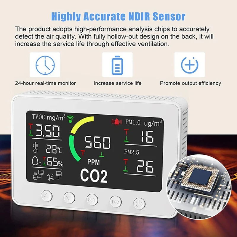 Tuya Wifi Co2 Sensor 6 In 1 Smart Air Quality Sensor Temperature Humidity  Color Screen Display Easy Install EU Plug