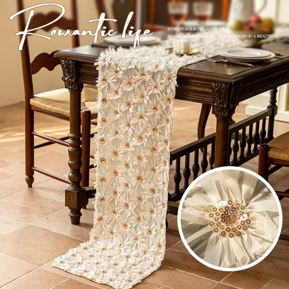 French Pastoral Table Flag Chiffon Three-dimensional Flower Embroidery Dining Table Decoration Long Cloth High-end Retro
