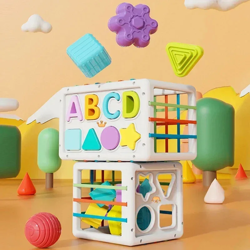 TEMIKIDS bébé forme tri jouets enfants Montessori jouets éducatifs coloré sensoriel Cube jouets avec bandes élastiques pour Fine Mot