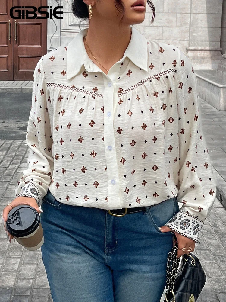 GIBSIE Plus Size Casual Print Hollow Out Women's Shirt Top 2025 Autumn Turn-down Collar Long Sleeve Button Down Shirts Blouses