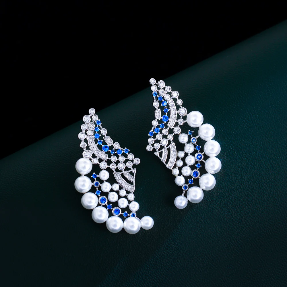 CWWZircons Elegant Symmetrical Blue Cubic Zirconia Stone Geometric Big Pearl Earrings for Women Trendy Daily Party Jewelry CZ365